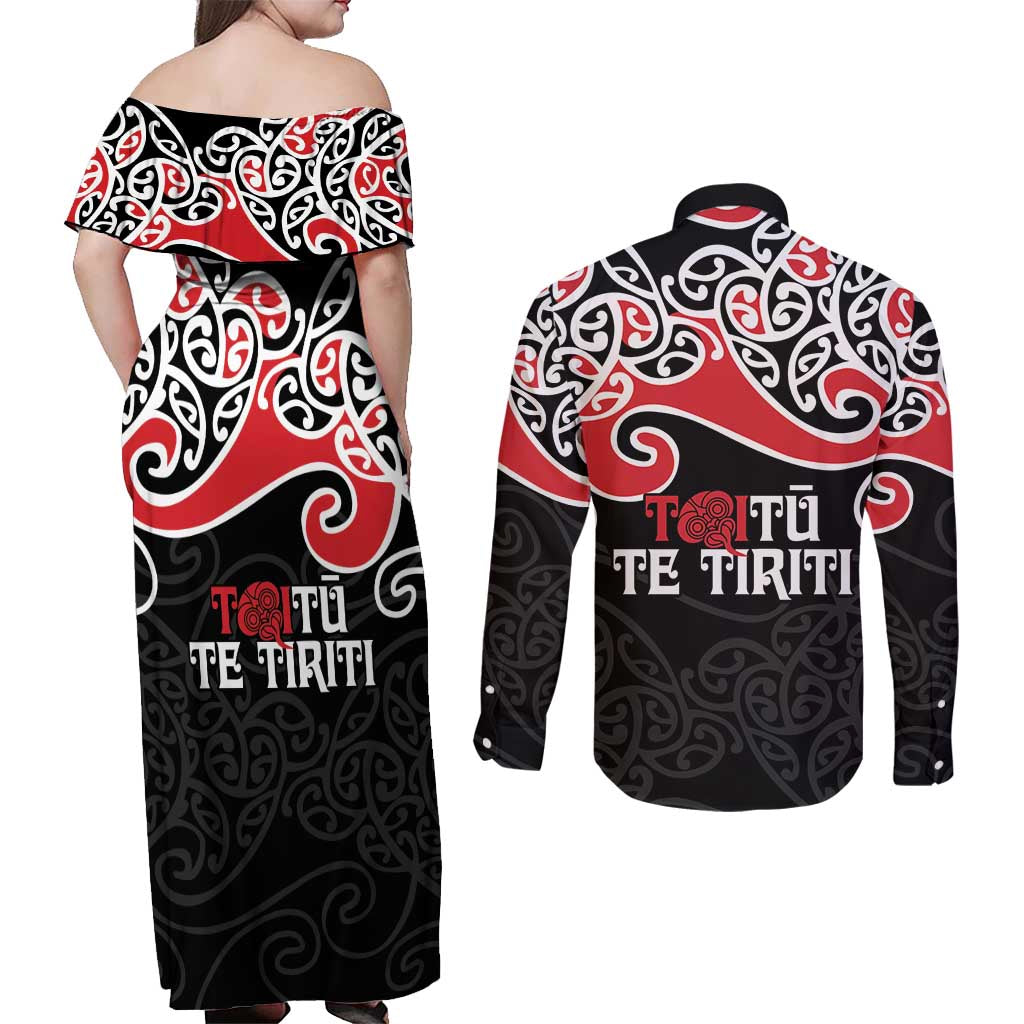 Aotearoa Toitu Te Tiriti Couples Matching Off Shoulder Maxi Dress and Long Sleeve Button Shirt New Zealand Stand Together Stand Stronger