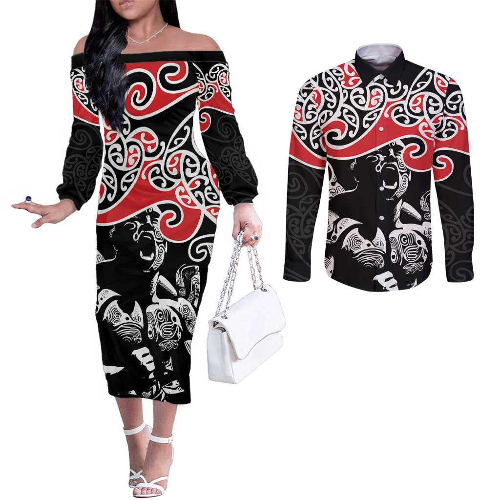 Aotearoa Toitu Te Tiriti Couples Matching Off The Shoulder Long Sleeve Dress and Long Sleeve Button Shirt New Zealand Stand Together Stand Stronger