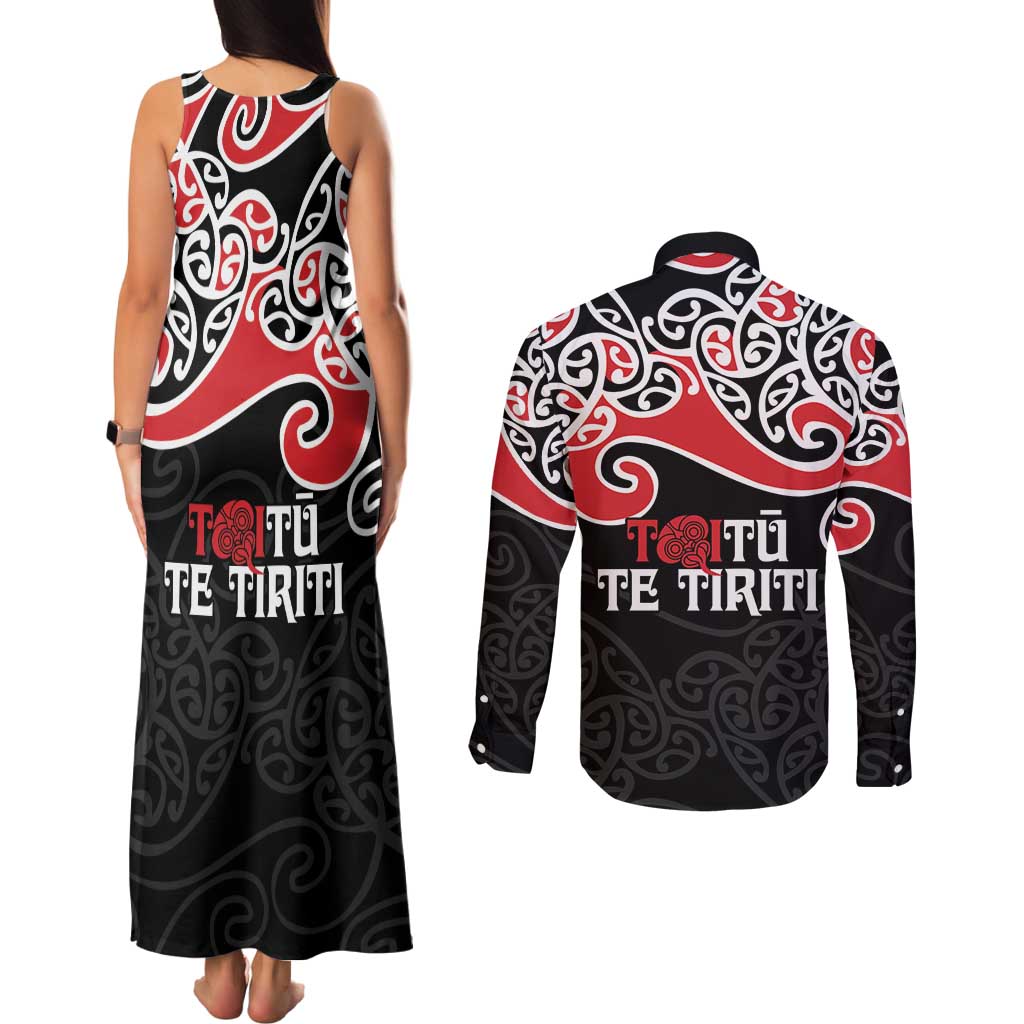 Aotearoa Toitu Te Tiriti Couples Matching Tank Maxi Dress and Long Sleeve Button Shirt New Zealand Stand Together Stand Stronger