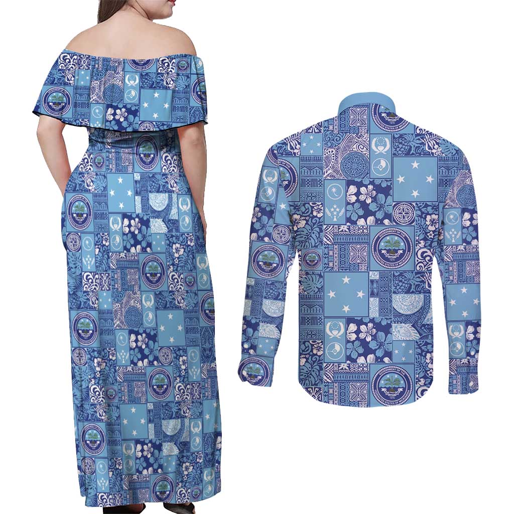 Federated States of Micronesia Merry Christmas Couples Matching Off Shoulder Maxi Dress and Long Sleeve Button Shirt Pacific Patchwork Xmas Vibes - Polynesian Pride