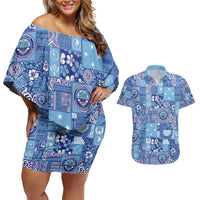 Federated States of Micronesia Merry Christmas Couples Matching Off Shoulder Short Dress and Hawaiian Shirt Pacific Patchwork Xmas Vibes - Polynesian Pride