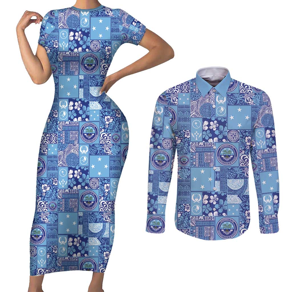 Federated States of Micronesia Merry Christmas Couples Matching Short Sleeve Bodycon Dress and Long Sleeve Button Shirt Pacific Patchwork Xmas Vibes - Polynesian Pride