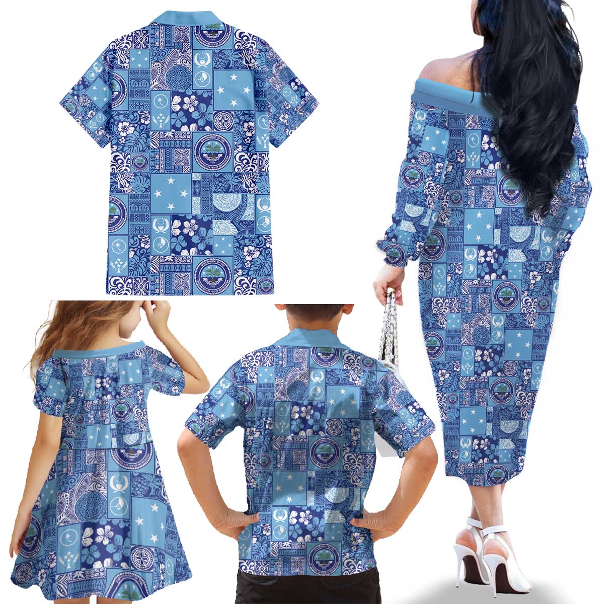Federated States of Micronesia Merry Christmas Family Matching Off The Shoulder Long Sleeve Dress and Hawaiian Shirt Pacific Patchwork Xmas Vibes - Polynesian Pride