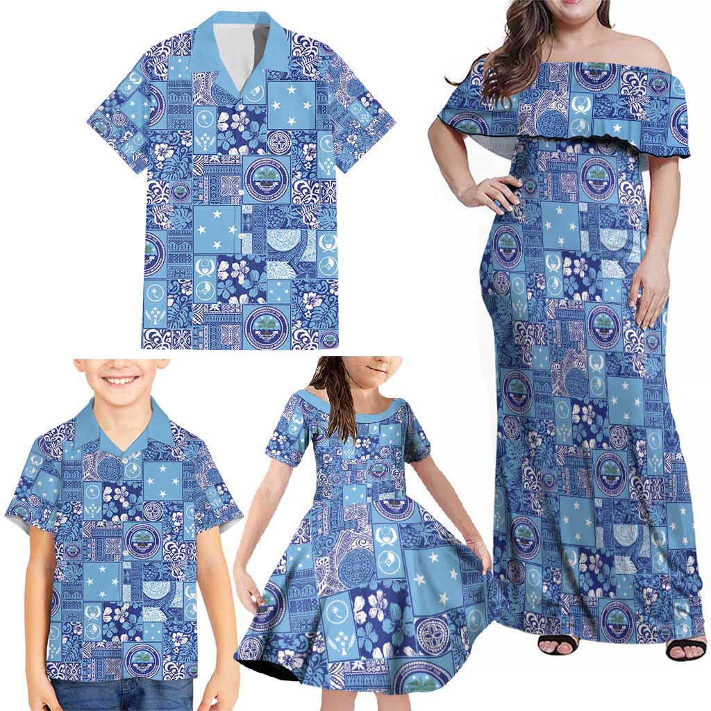 Federated States of Micronesia Merry Christmas Family Matching Off Shoulder Maxi Dress and Hawaiian Shirt Pacific Patchwork Xmas Vibes - Polynesian Pride