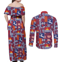 Kiribati Tekeraoi n te Kiritimati Couples Matching Off Shoulder Maxi Dress and Long Sleeve Button Shirt Pacific Patchwork Xmas Vibes - Polynesian Pride