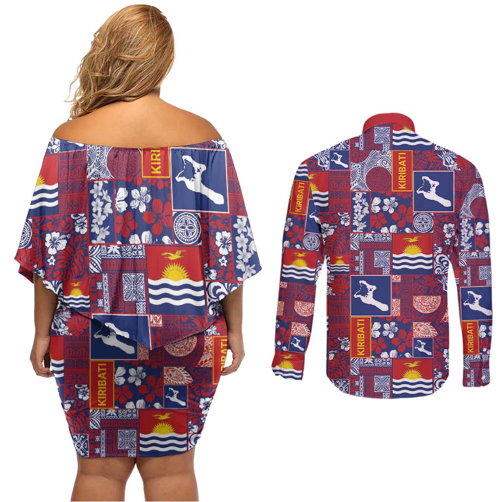 Kiribati Tekeraoi n te Kiritimati Couples Matching Off Shoulder Short Dress and Long Sleeve Button Shirt Pacific Patchwork Xmas Vibes - Polynesian Pride