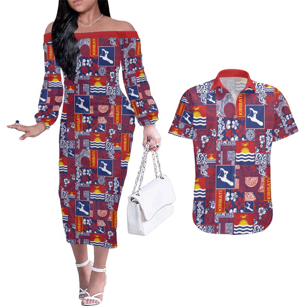 Kiribati Tekeraoi n te Kiritimati Couples Matching Off The Shoulder Long Sleeve Dress and Hawaiian Shirt Pacific Patchwork Xmas Vibes - Polynesian Pride