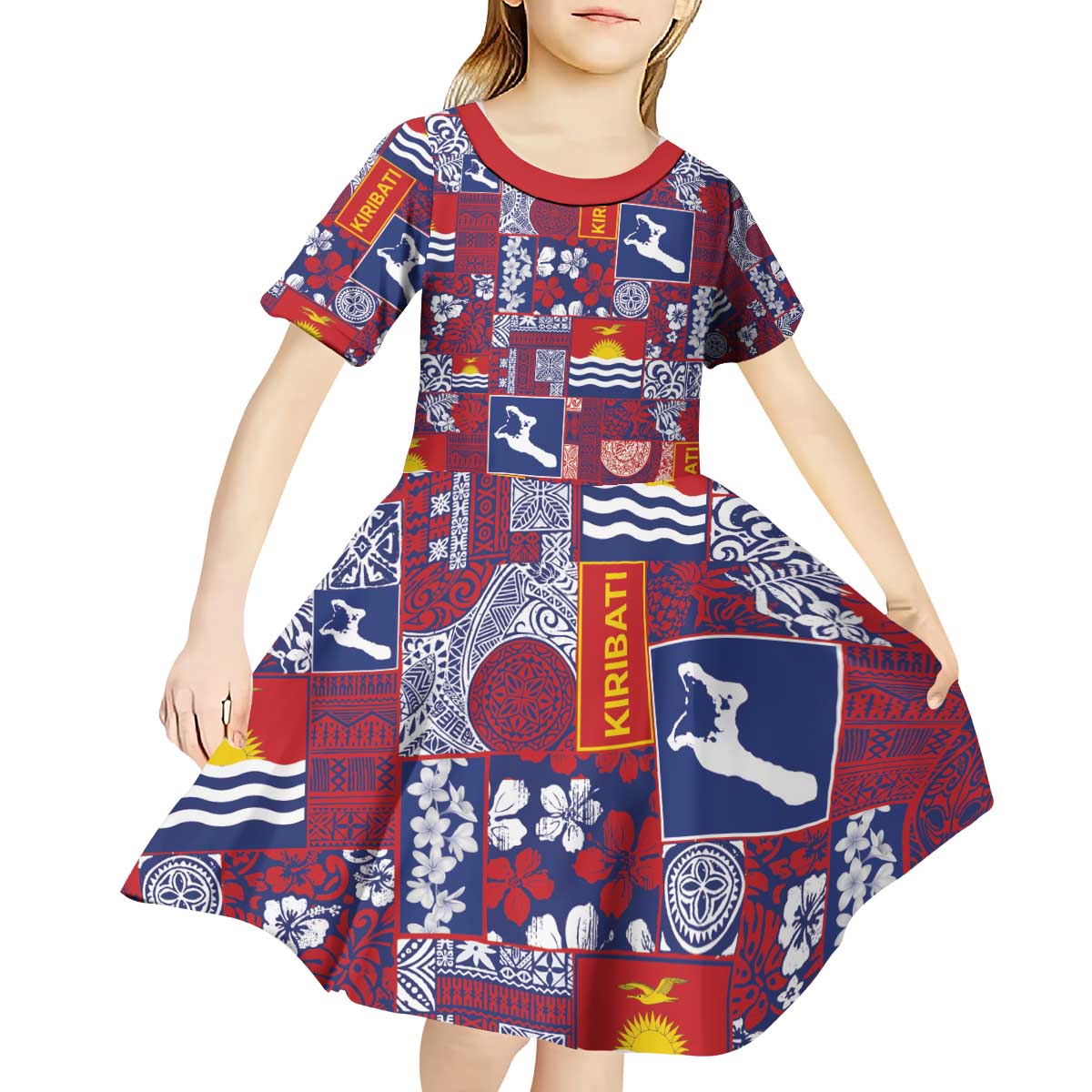 Kiribati Tekeraoi n te Kiritimati Kid Short Sleeve Dress Pacific Patchwork Xmas Vibes - Polynesian Pride
