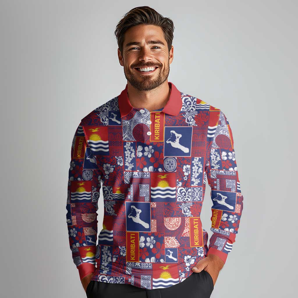 Kiribati Tekeraoi n te Kiritimati Long Sleeve Polo Shirt Pacific Patchwork Xmas Vibes - Polynesian Pride