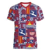 Kiribati Tekeraoi n te Kiritimati Women V-Neck T-Shirt Pacific Patchwork Xmas Vibes - Polynesian Pride