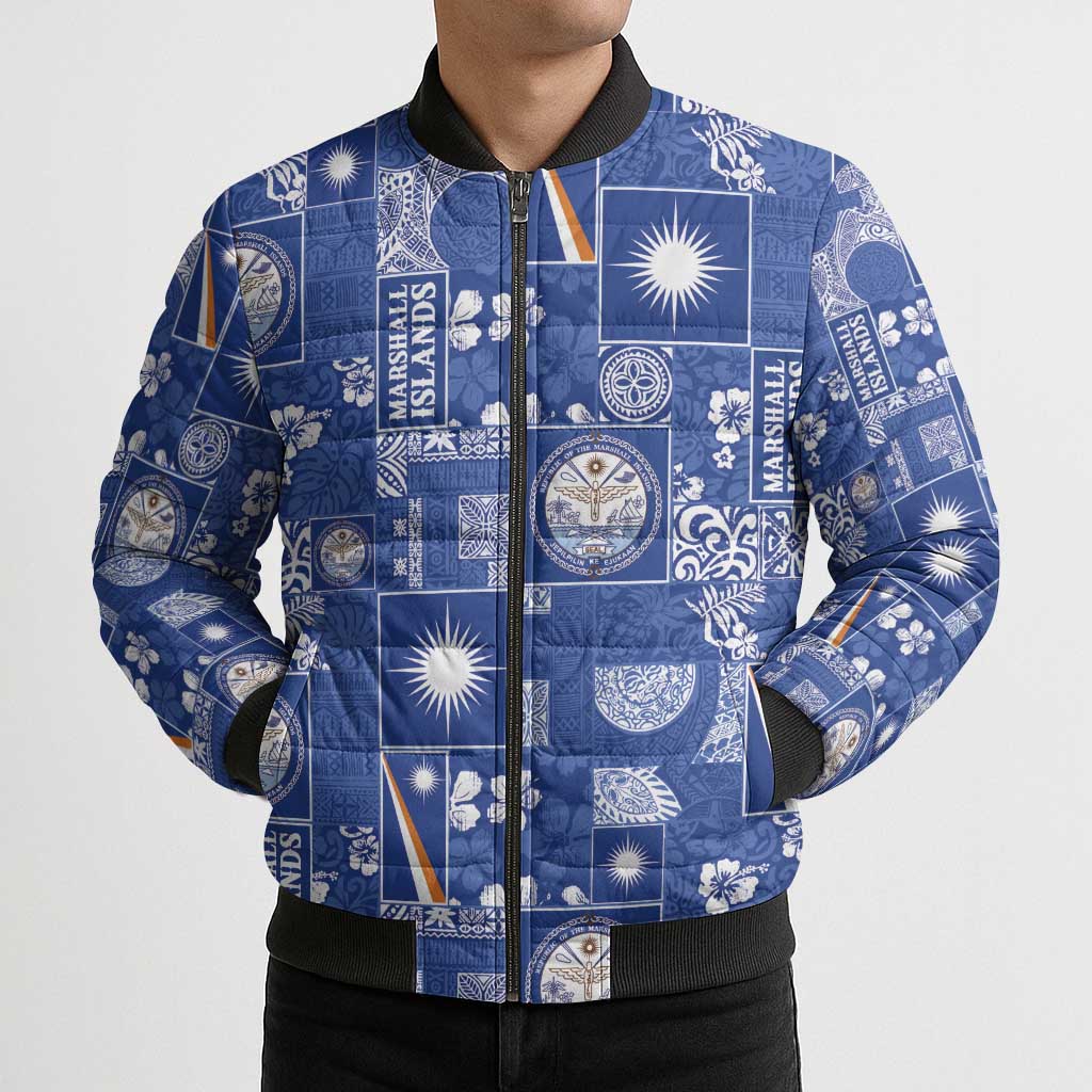 Marshall Islands Merry Christmas Bomber Puffer Jacket Pacific Patchwork Xmas Vibes - Polynesian Pride
