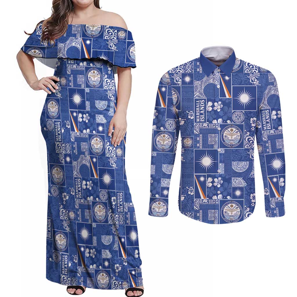 Marshall Islands Merry Christmas Couples Matching Off Shoulder Maxi Dress and Long Sleeve Button Shirt Pacific Patchwork Xmas Vibes - Polynesian Pride