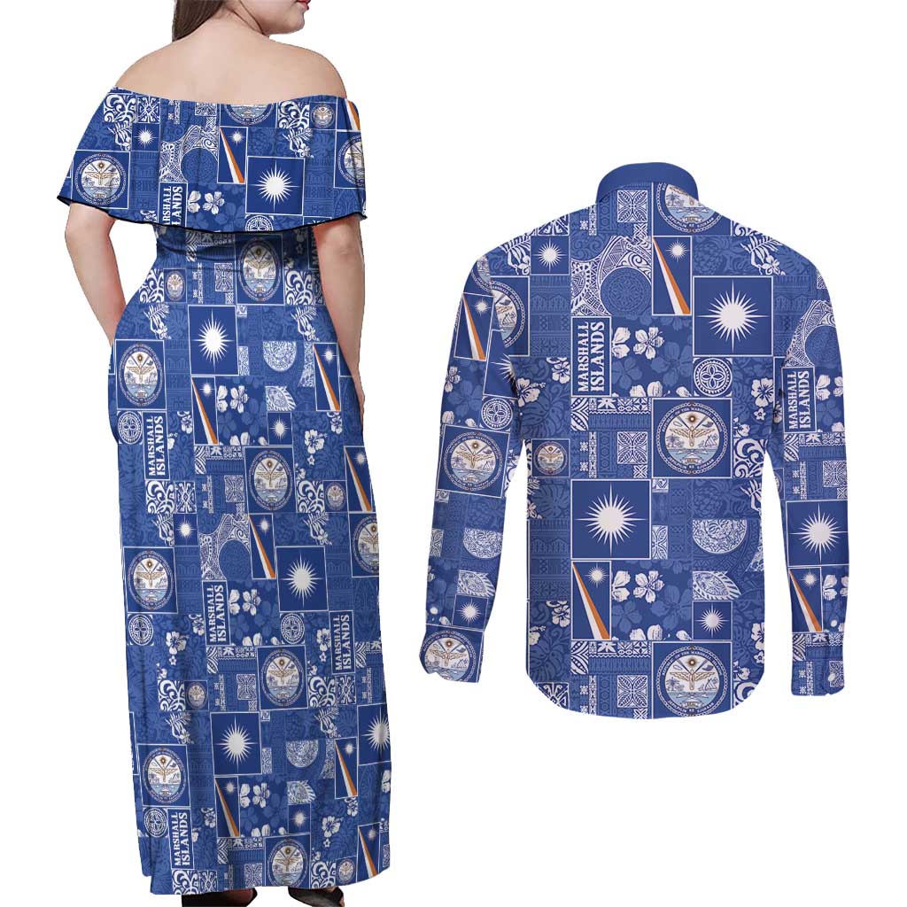Marshall Islands Merry Christmas Couples Matching Off Shoulder Maxi Dress and Long Sleeve Button Shirt Pacific Patchwork Xmas Vibes - Polynesian Pride