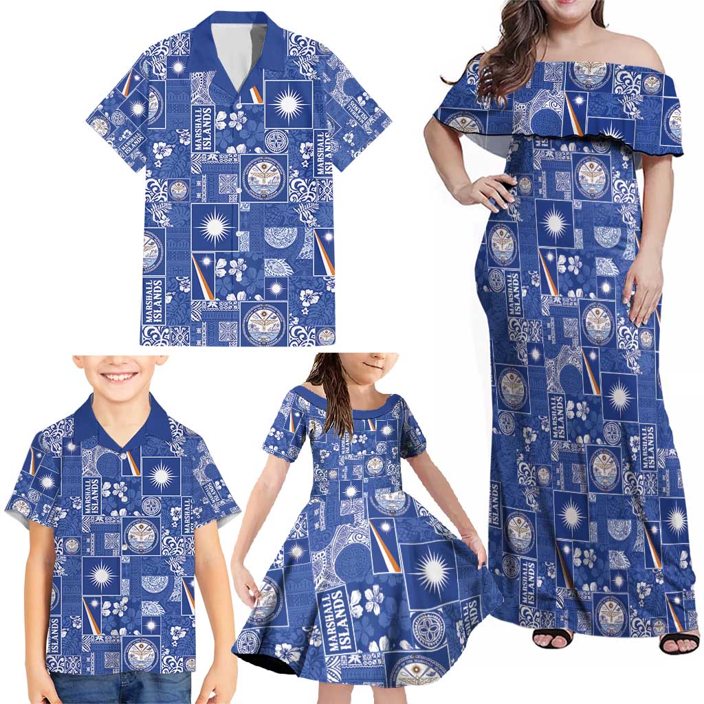 Marshall Islands Merry Christmas Family Matching Off Shoulder Maxi Dress and Hawaiian Shirt Pacific Patchwork Xmas Vibes - Polynesian Pride
