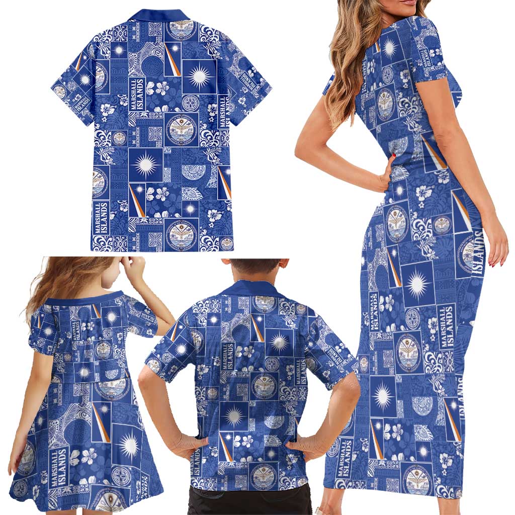 Marshall Islands Merry Christmas Family Matching Short Sleeve Bodycon Dress and Hawaiian Shirt Pacific Patchwork Xmas Vibes - Polynesian Pride