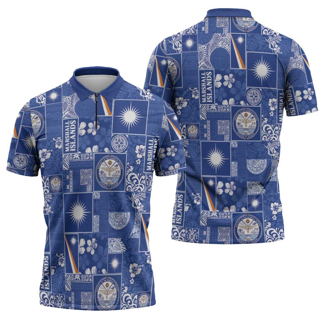 Marshall Islands Merry Christmas Zipper Polo Shirt Pacific Patchwork Xmas Vibes - Polynesian Pride