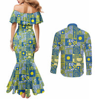Palau Ungil Kurismas Couples Matching Mermaid Dress and Long Sleeve Button Shirt Pacific Patchwork Xmas Vibes - Polynesian Pride
