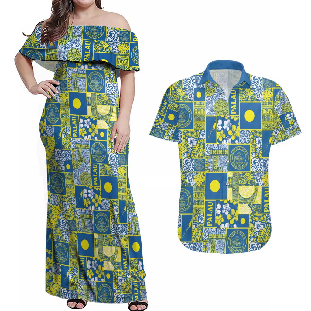 Palau Ungil Kurismas Couples Matching Off Shoulder Maxi Dress and Hawaiian Shirt Pacific Patchwork Xmas Vibes - Polynesian Pride