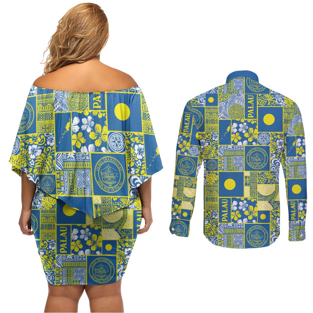 Palau Ungil Kurismas Couples Matching Off Shoulder Short Dress and Long Sleeve Button Shirt Pacific Patchwork Xmas Vibes - Polynesian Pride