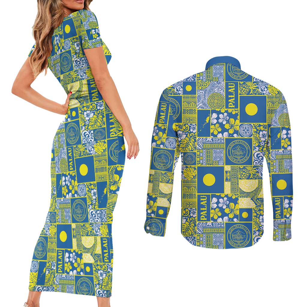 Palau Ungil Kurismas Couples Matching Short Sleeve Bodycon Dress and Long Sleeve Button Shirt Pacific Patchwork Xmas Vibes - Polynesian Pride