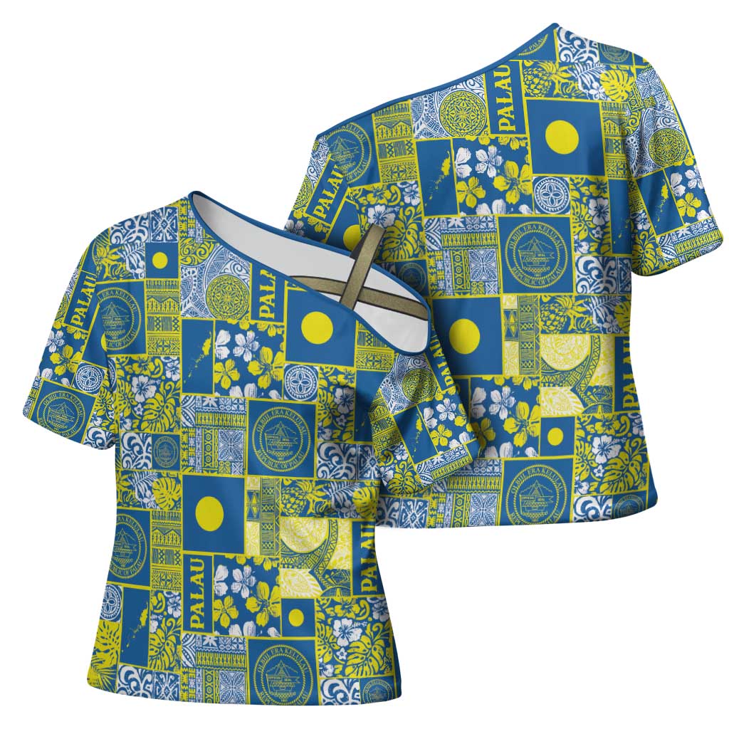 Palau Ungil Kurismas Cross Shoulder Shirt Pacific Patchwork Xmas Vibes - Polynesian Pride
