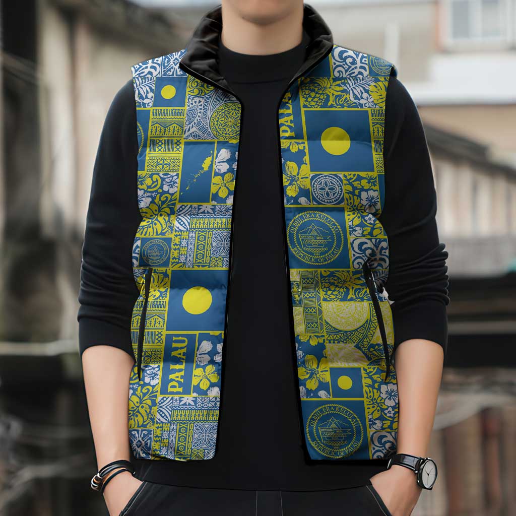 Palau Ungil Kurismas Sleeveless Puffer Jacket Pacific Patchwork Xmas Vibes - Polynesian Pride