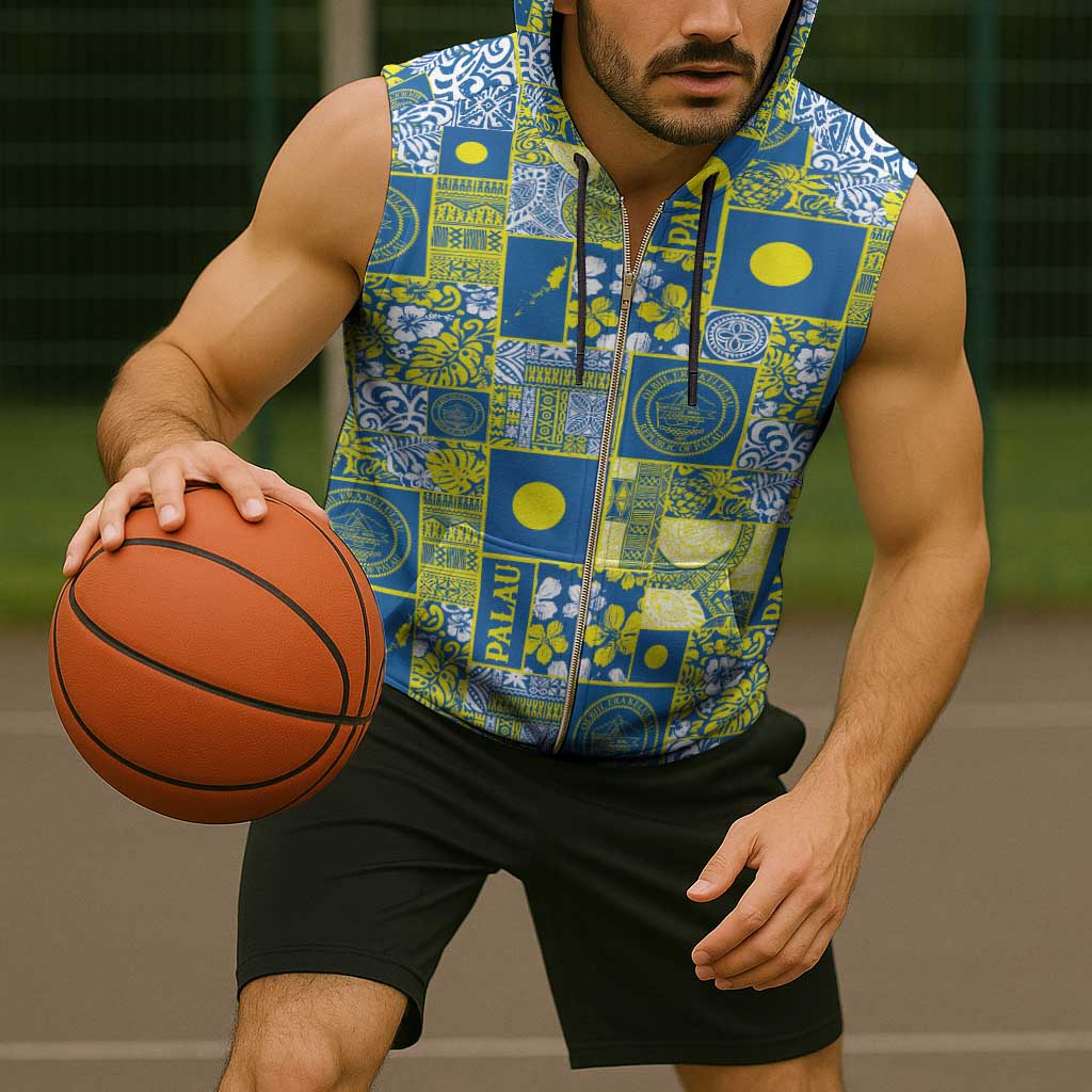 Palau Ungil Kurismas Sleeveless Zip Hoodie Pacific Patchwork Xmas Vibes - Polynesian Pride