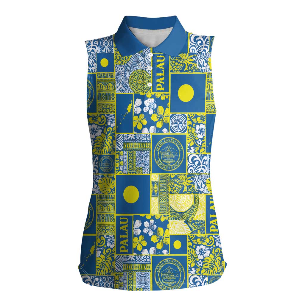Palau Ungil Kurismas Women Sleeveless Polo Shirt Pacific Patchwork Xmas Vibes - Polynesian Pride