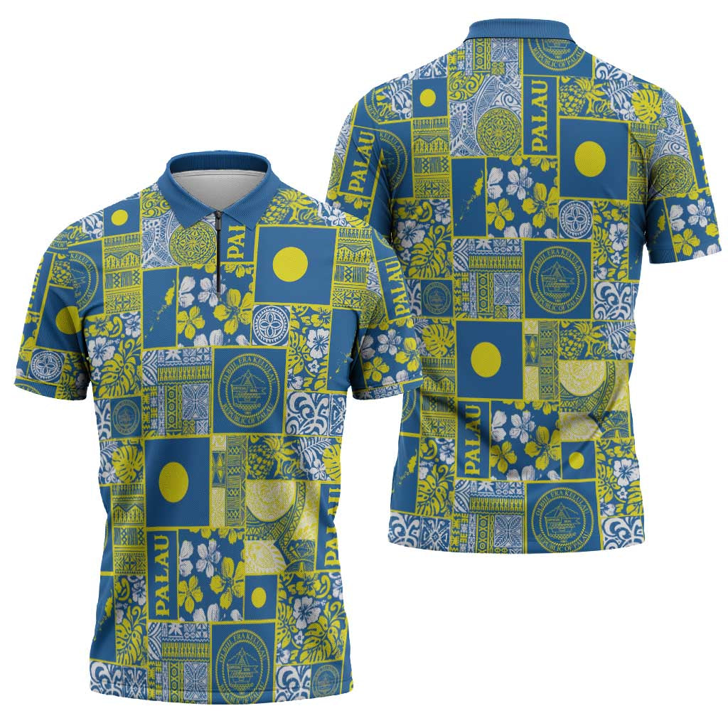 Palau Ungil Kurismas Zipper Polo Shirt Pacific Patchwork Xmas Vibes - Polynesian Pride