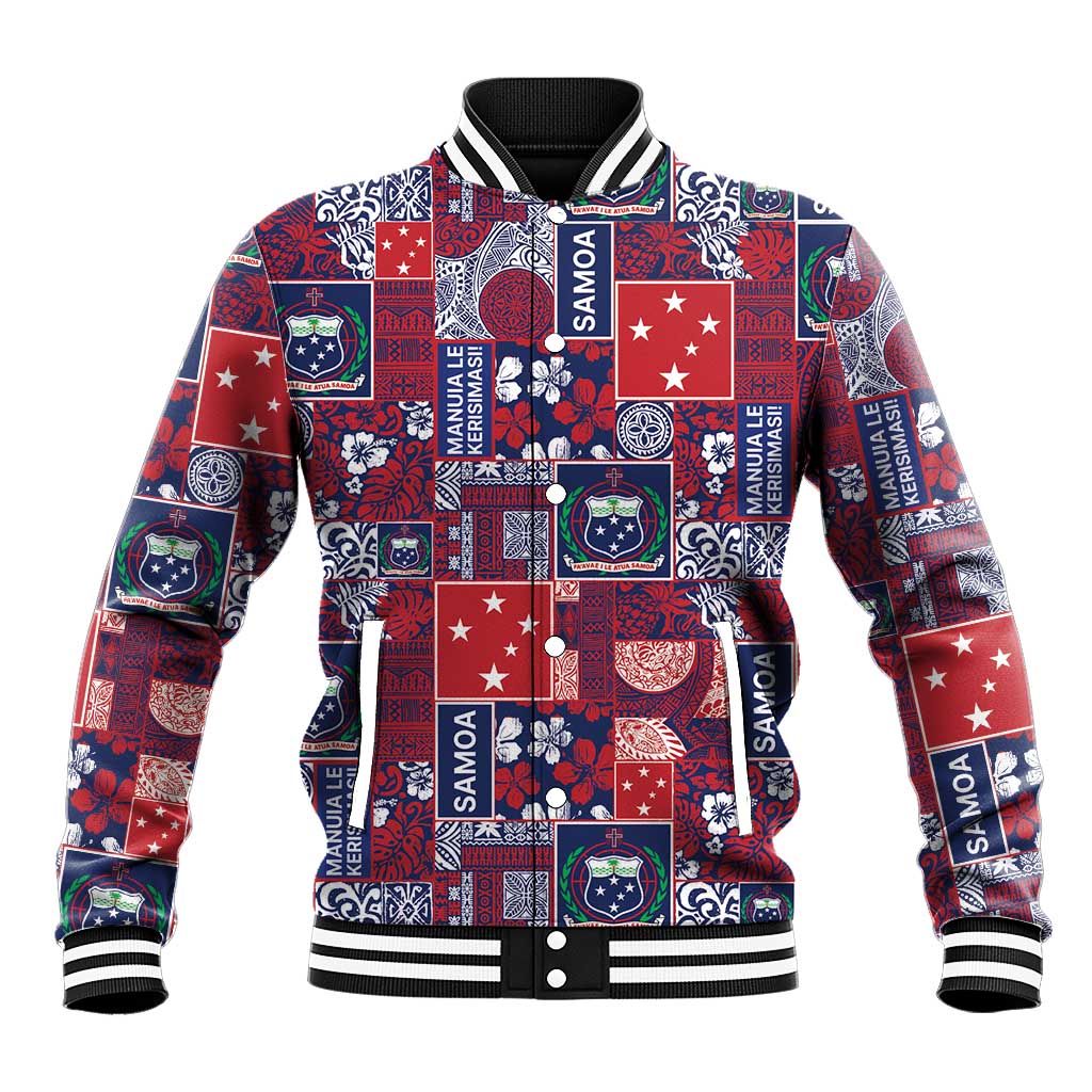 Red Samoa Manuia Le Kerisimasi Baseball Jacket Pacific Patchwork Xmas Vibes LT9 Unisex Red - Polynesian Pride