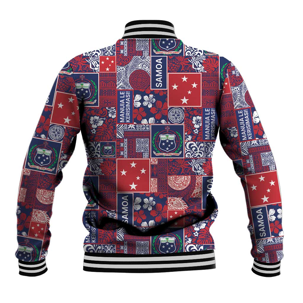 Red Samoa Manuia Le Kerisimasi Baseball Jacket Pacific Patchwork Xmas Vibes - Polynesian Pride