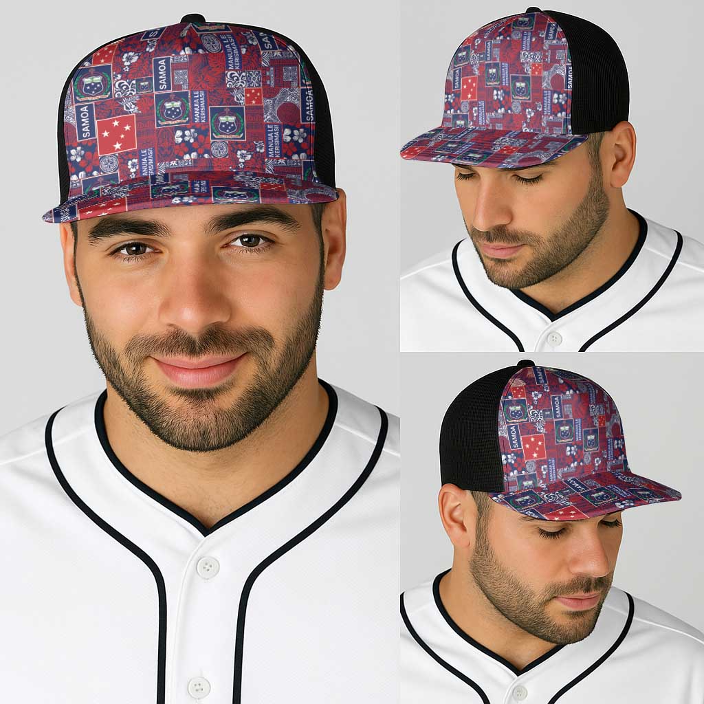 Red Samoa Manuia Le Kerisimasi Baseball Net Cap Pacific Patchwork Xmas Vibes - Polynesian Pride