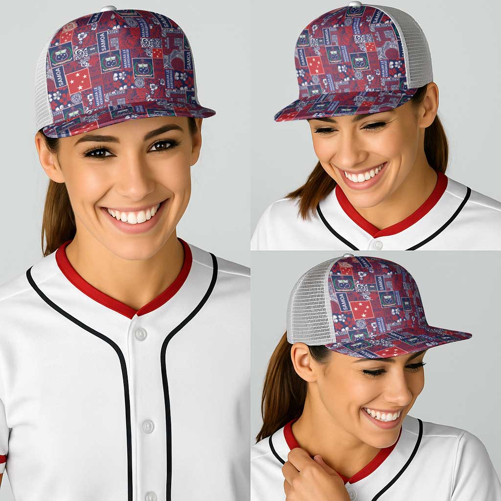 Red Samoa Manuia Le Kerisimasi Baseball Net Cap Pacific Patchwork Xmas Vibes - Polynesian Pride