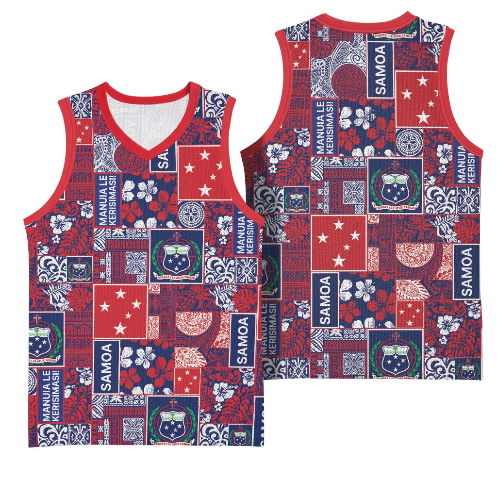 Red Samoa Manuia Le Kerisimasi Basketball Jersey Pacific Patchwork Xmas Vibes - Polynesian Pride