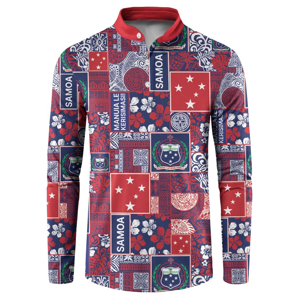 Red Samoa Manuia Le Kerisimasi Button Sweatshirt Pacific Patchwork Xmas Vibes - Polynesian Pride