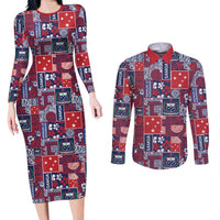 Red Samoa Manuia Le Kerisimasi Couples Matching Long Sleeve Bodycon Dress and Long Sleeve Button Shirt Pacific Patchwork Xmas Vibes - Polynesian Pride