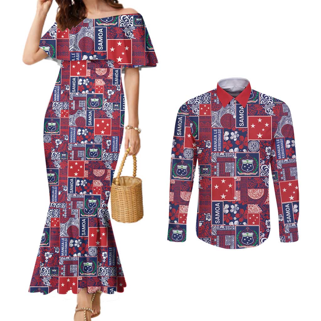 Red Samoa Manuia Le Kerisimasi Couples Matching Mermaid Dress and Long Sleeve Button Shirt Pacific Patchwork Xmas Vibes - Polynesian Pride