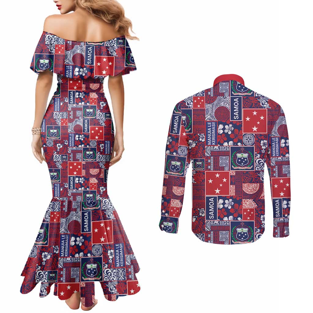 Red Samoa Manuia Le Kerisimasi Couples Matching Mermaid Dress and Long Sleeve Button Shirt Pacific Patchwork Xmas Vibes - Polynesian Pride