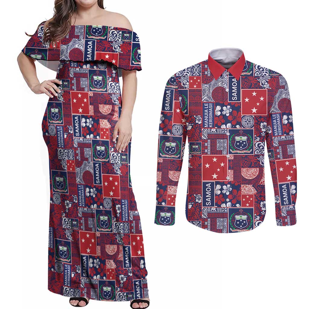 Red Samoa Manuia Le Kerisimasi Couples Matching Off Shoulder Maxi Dress and Long Sleeve Button Shirt Pacific Patchwork Xmas Vibes - Polynesian Pride