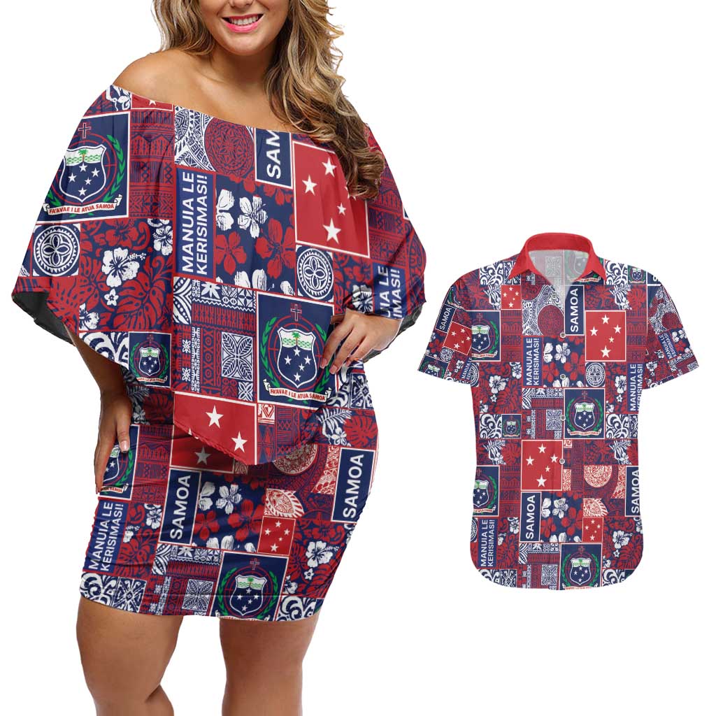 Red Samoa Manuia Le Kerisimasi Couples Matching Off Shoulder Short Dress and Hawaiian Shirt Pacific Patchwork Xmas Vibes - Polynesian Pride