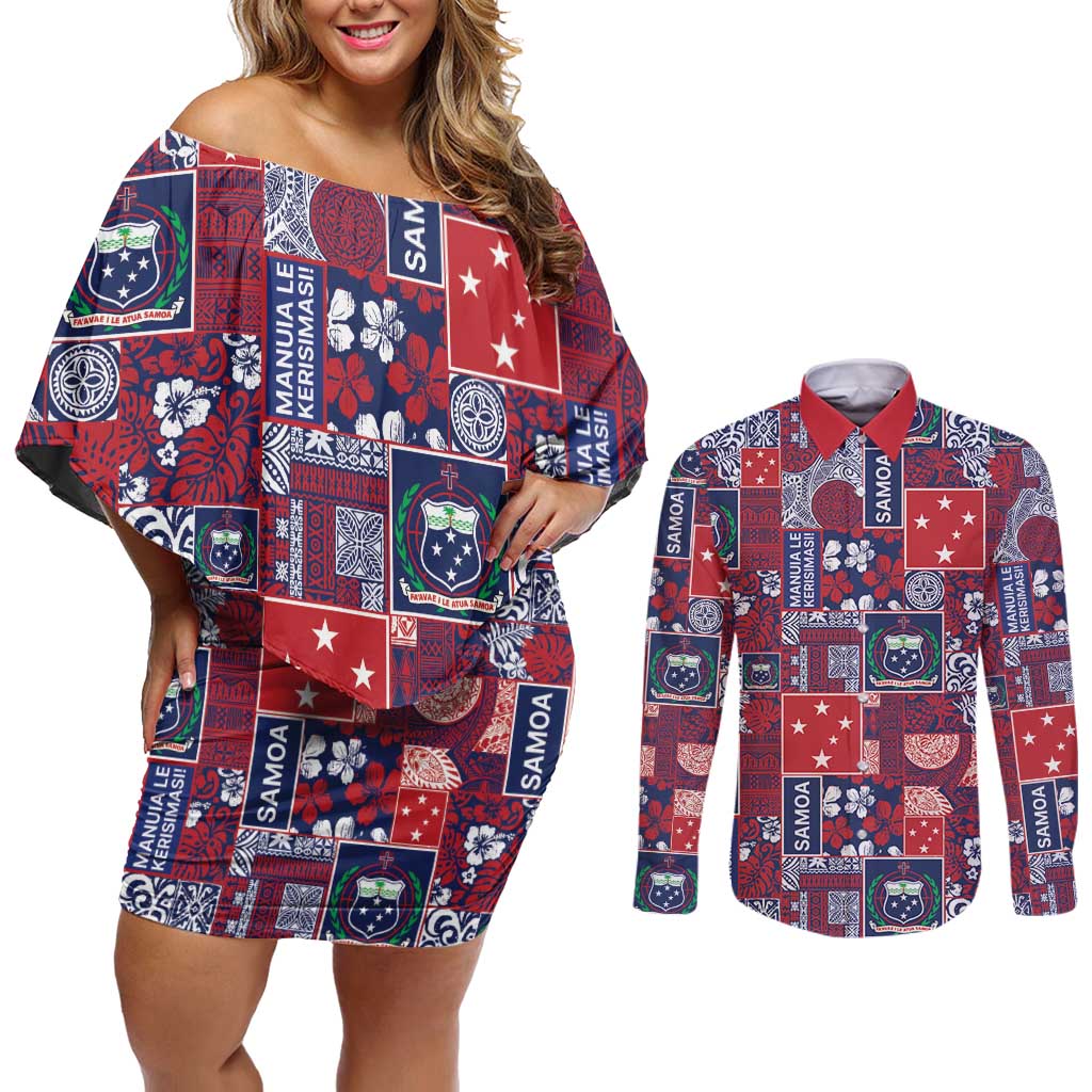 Red Samoa Manuia Le Kerisimasi Couples Matching Off Shoulder Short Dress and Long Sleeve Button Shirt Pacific Patchwork Xmas Vibes LT9 Red - Polynesian Pride