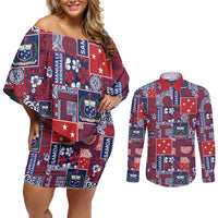 Red Samoa Manuia Le Kerisimasi Couples Matching Off Shoulder Short Dress and Long Sleeve Button Shirt Pacific Patchwork Xmas Vibes - Polynesian Pride