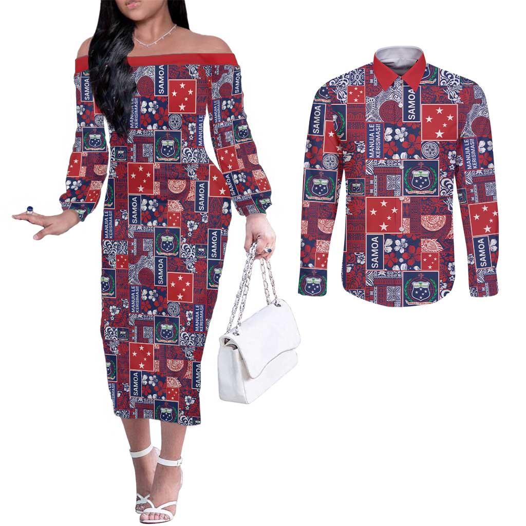 Red Samoa Manuia Le Kerisimasi Couples Matching Off The Shoulder Long Sleeve Dress and Long Sleeve Button Shirt Pacific Patchwork Xmas Vibes LT9 Red - Polynesian Pride