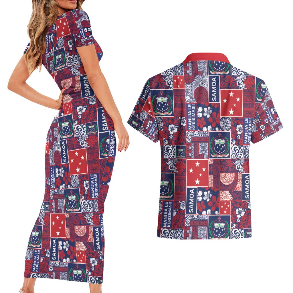 Red Samoa Manuia Le Kerisimasi Couples Matching Short Sleeve Bodycon Dress and Hawaiian Shirt Pacific Patchwork Xmas Vibes - Polynesian Pride