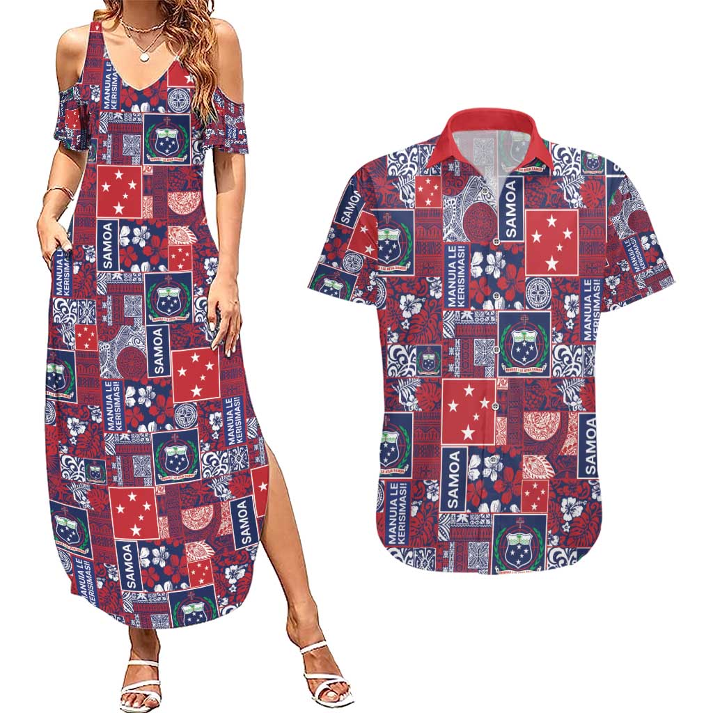 Red Samoa Manuia Le Kerisimasi Couples Matching Summer Maxi Dress and Hawaiian Shirt Pacific Patchwork Xmas Vibes - Polynesian Pride