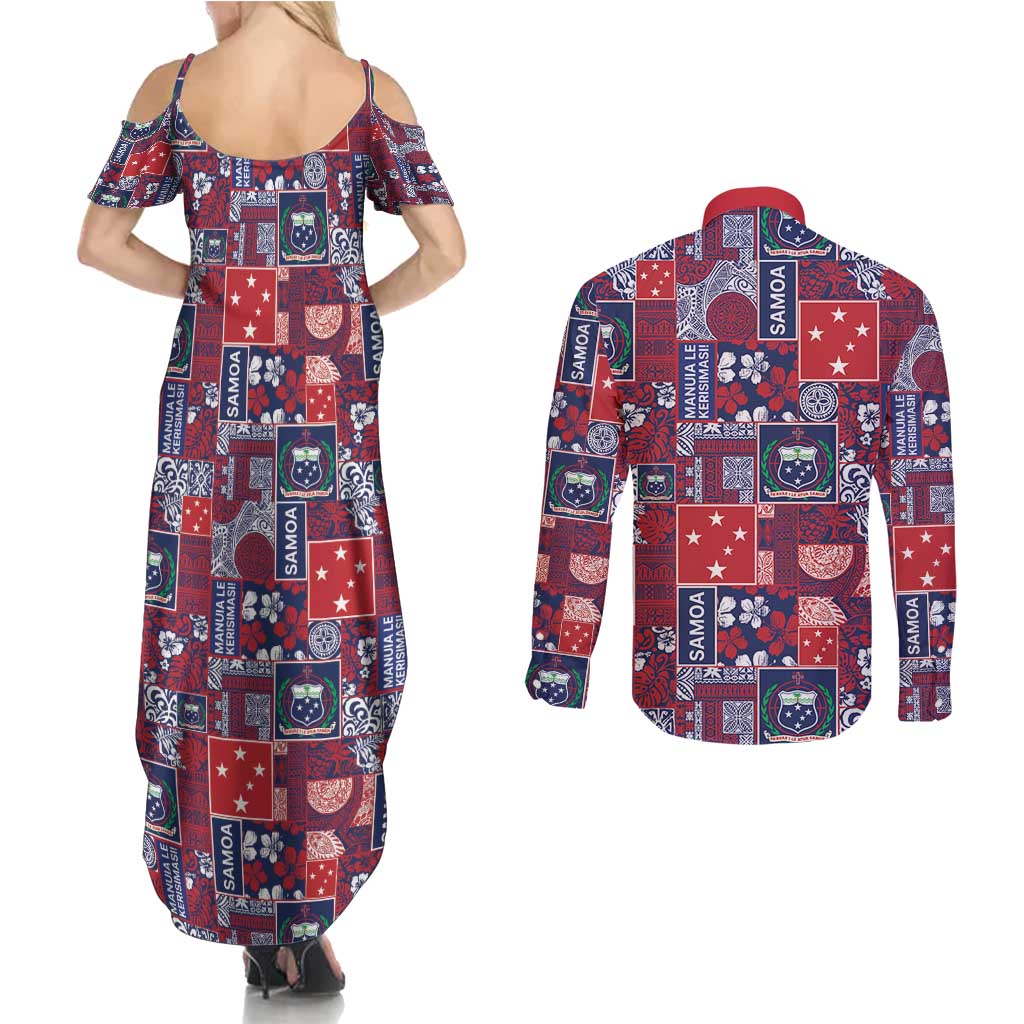 Red Samoa Manuia Le Kerisimasi Couples Matching Summer Maxi Dress and Long Sleeve Button Shirt Pacific Patchwork Xmas Vibes - Polynesian Pride
