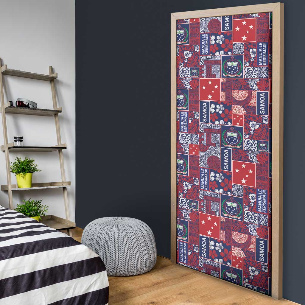 Red Samoa Manuia Le Kerisimasi Door Cover Pacific Patchwork Xmas Vibes - Polynesian Pride