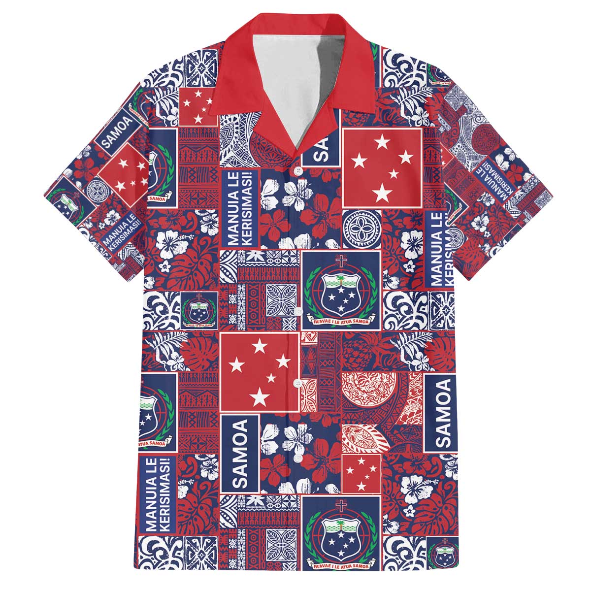 Red Samoa Manuia Le Kerisimasi Family Matching Off The Shoulder Long Sleeve Dress and Hawaiian Shirt Pacific Patchwork Xmas Vibes - Polynesian Pride