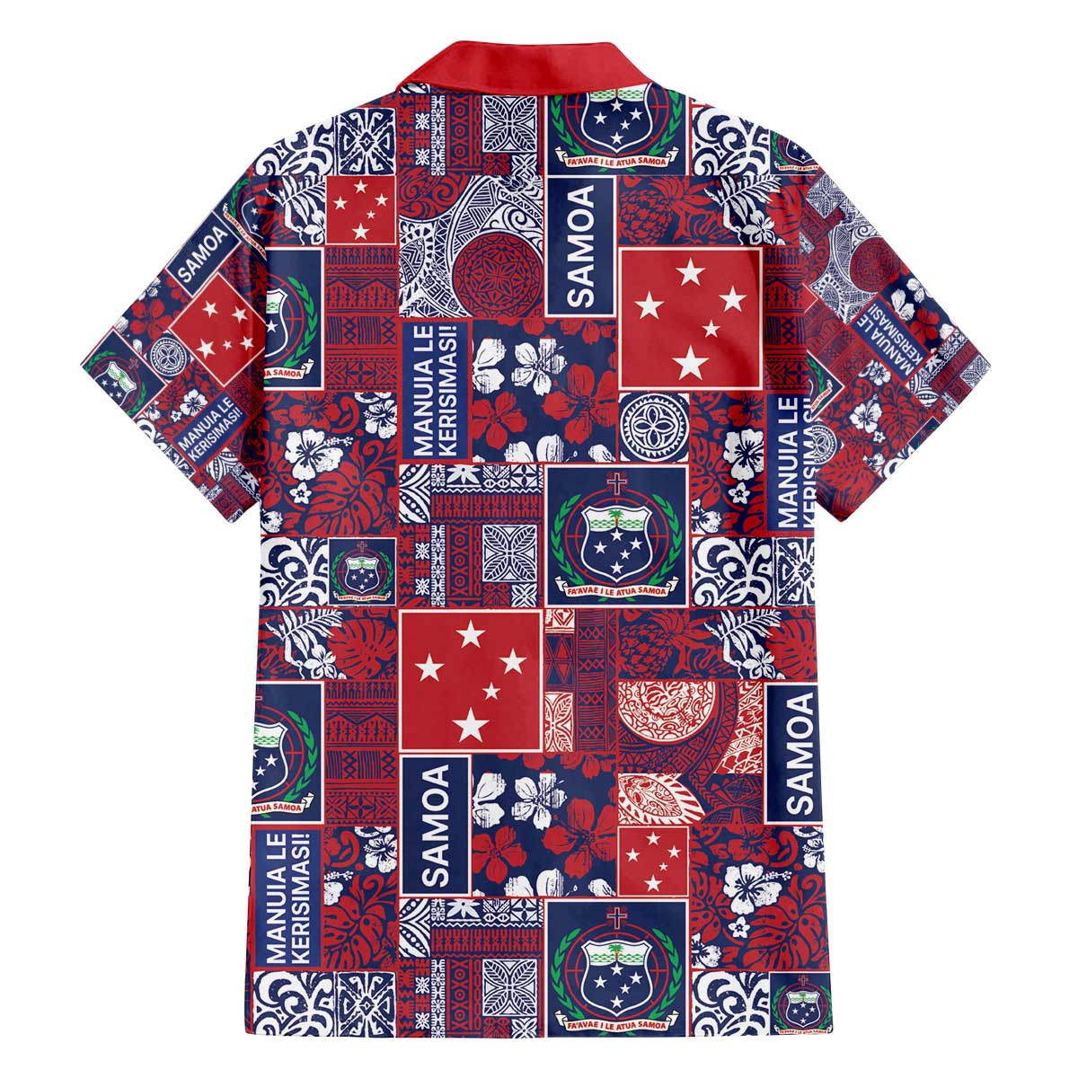 Red Samoa Manuia Le Kerisimasi Family Matching Off The Shoulder Long Sleeve Dress and Hawaiian Shirt Pacific Patchwork Xmas Vibes - Polynesian Pride