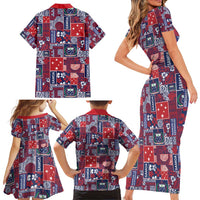 Red Samoa Manuia Le Kerisimasi Family Matching Short Sleeve Bodycon Dress and Hawaiian Shirt Pacific Patchwork Xmas Vibes - Polynesian Pride